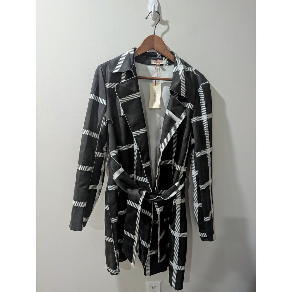 Solitaire Black White Belted Trench Jacket NWT